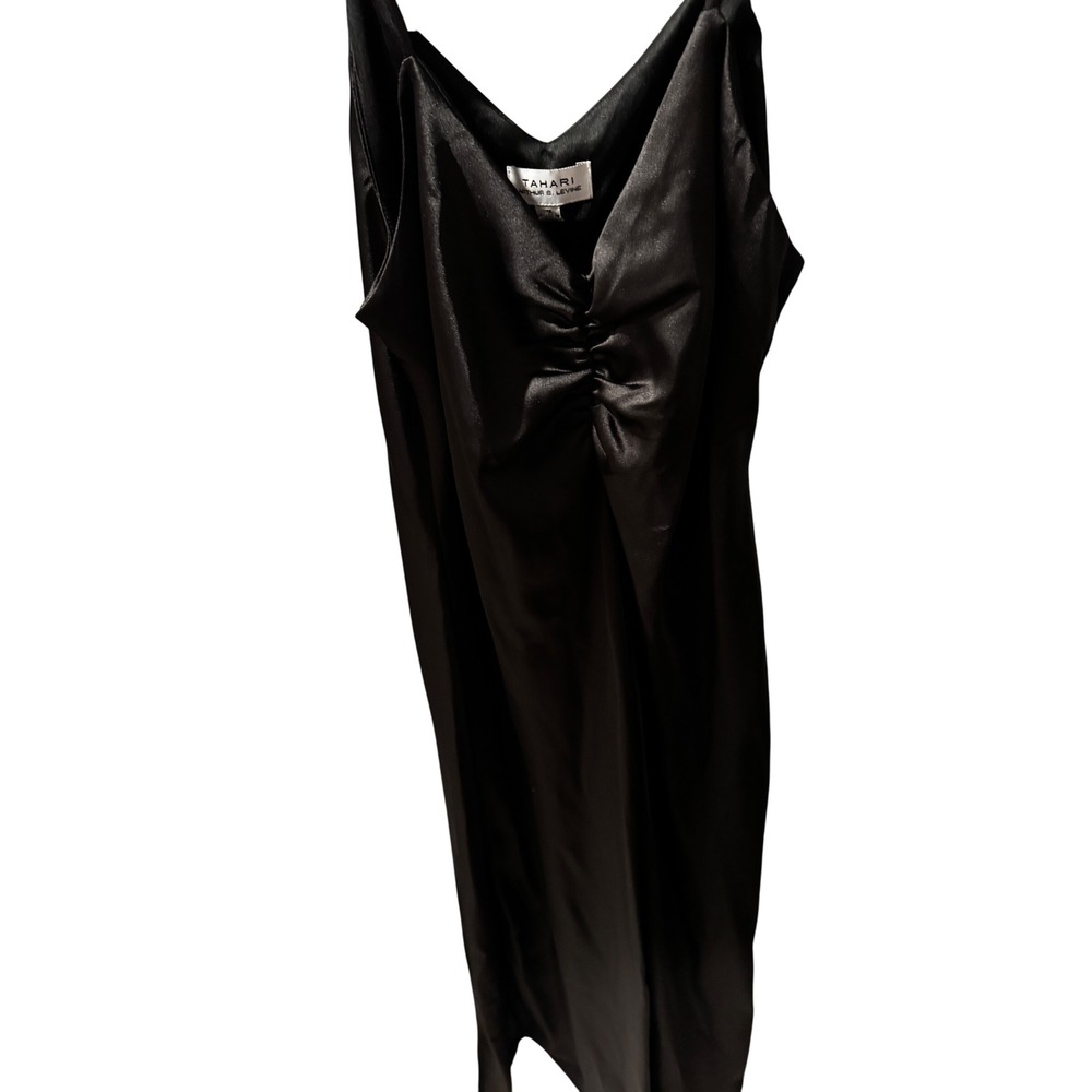 Tahari Arthur S Levine Black Satin Ruched V Neck Slip Midi Dress‎ Women's Medium